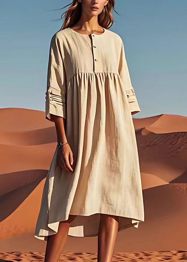 Unique Beige O Neck Wrinkled Plus Size Linen Dress Summer