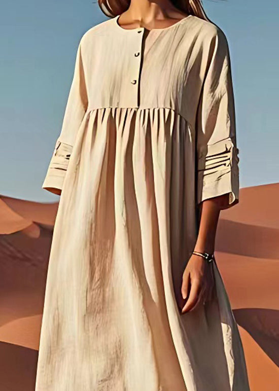 Unique Beige O Neck Wrinkled Plus Size Linen Dress Summer