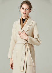 Unique Beige Peter Pan Collar Pockets Cashmere Cinch Coats Winter