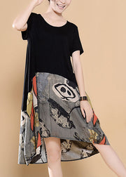 Unique Black Asymmetrical Design Print Patchwork Cotton Dress Summer