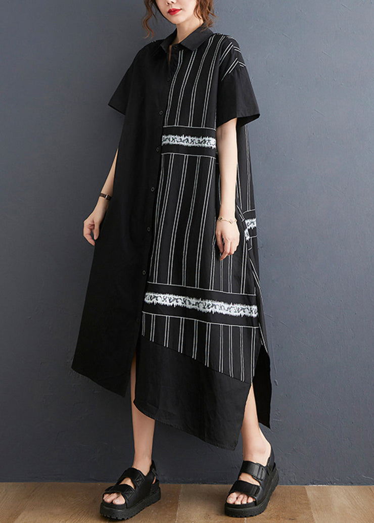 Unique Black Asymmetrical Patchwork Striped Cotton Shirt Dresses Summer