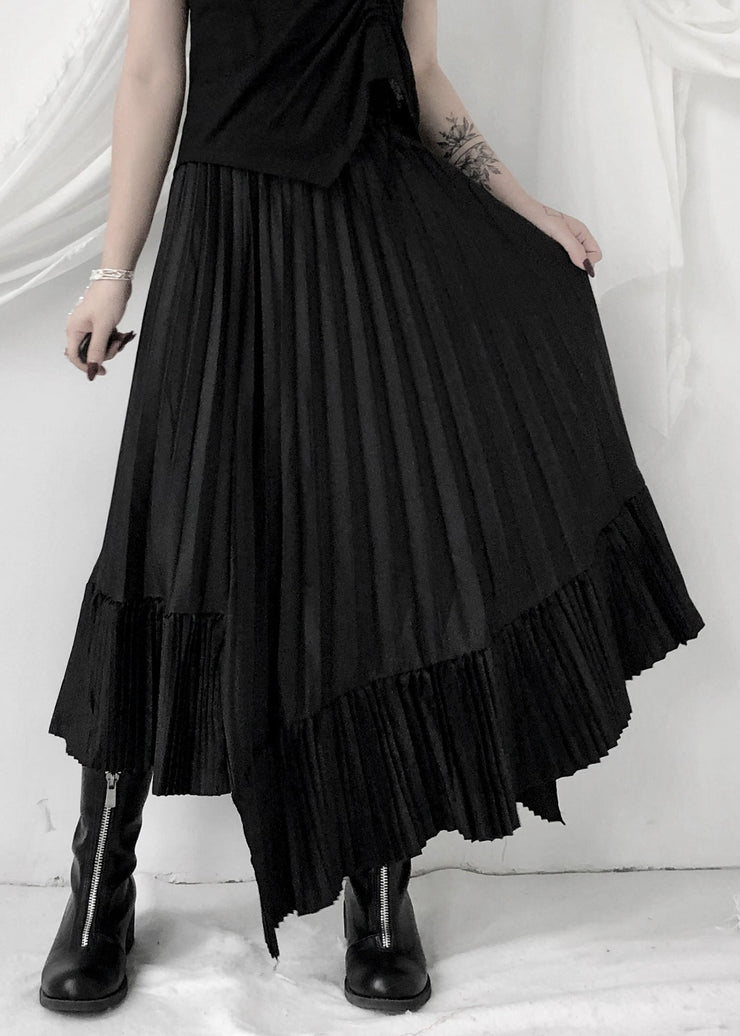 Unique Black Asymmetrical Silk Pleated Skirt Summer