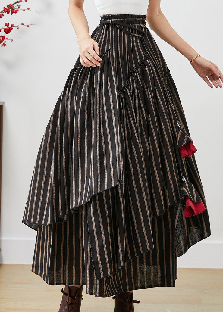 Unique Black Asymmetrical Striped Cotton Skirt Fall