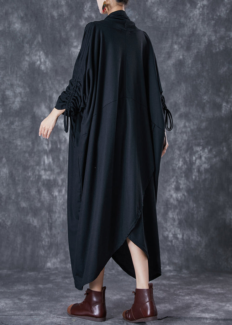 Unique Black Asymmetrical Wrinkled Cotton Gown Dress Fall