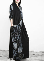 Unique Black Blue Asymmetrical Print Patchwork Cotton Dress Long Sleeve