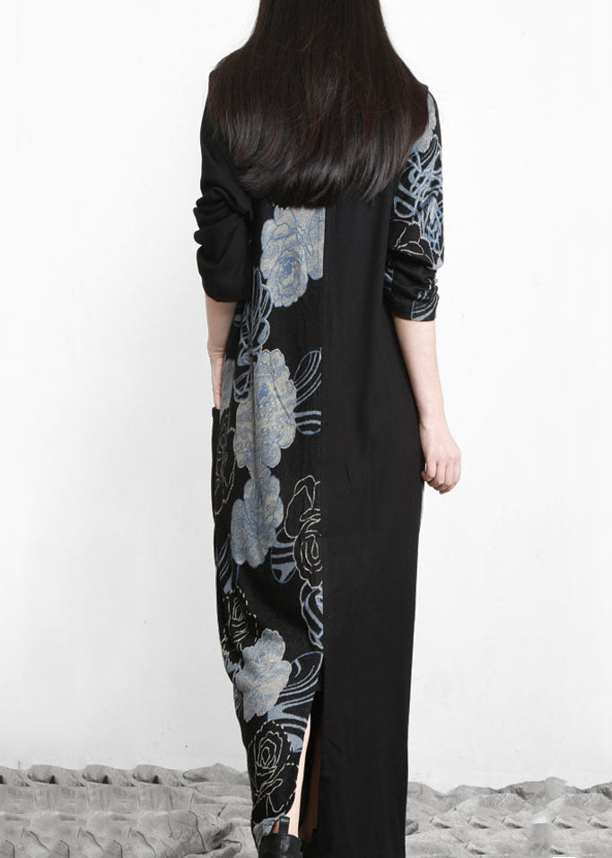 Unique Black Blue Asymmetrical Print Patchwork Cotton Dress Long Sleeve