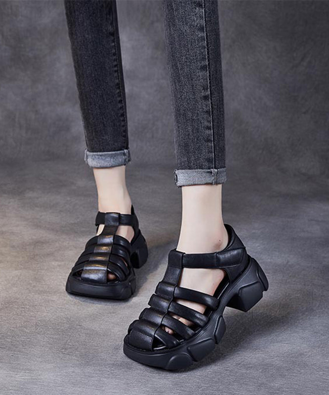 Unique Black Cowhide Leather Cross Strap Sandals