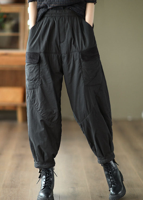 Unique Black Elastic Waist Pockets Fine Cotton Filled Pants Winter