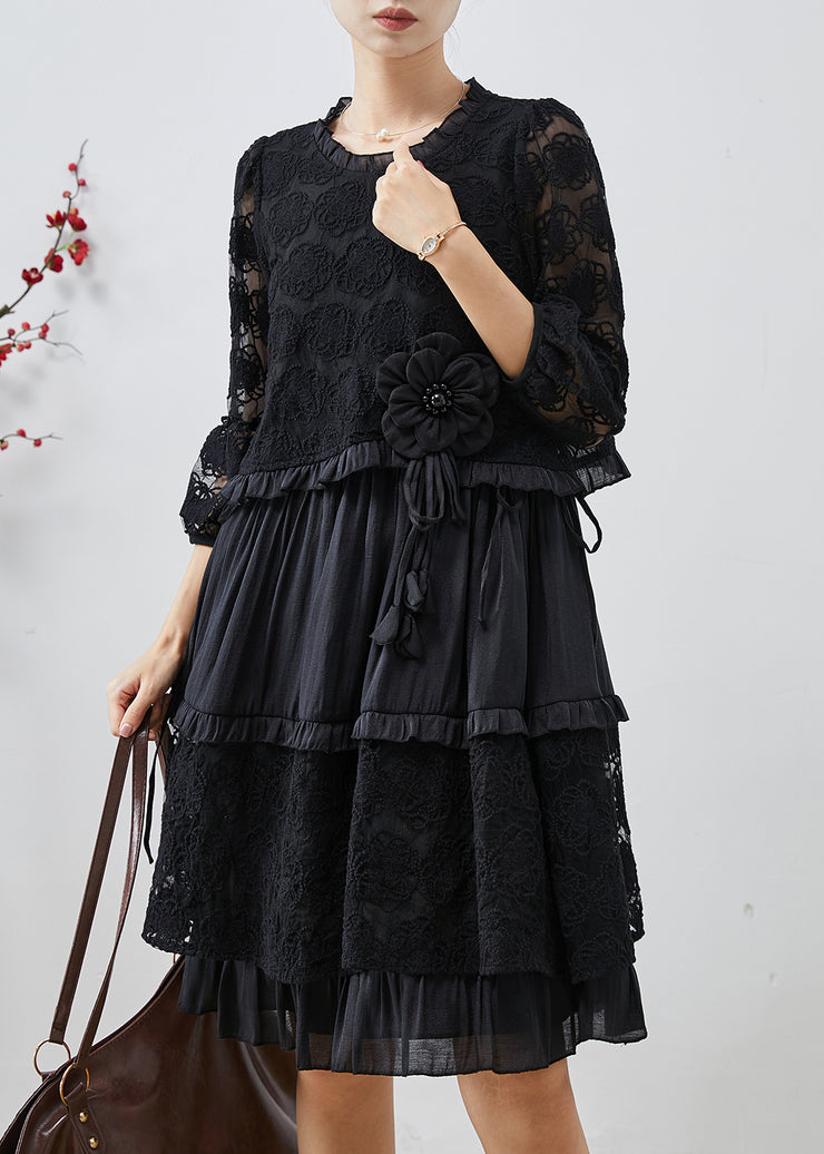 Unique Black Embroidered Floral Tulle Mid Dresses Summer