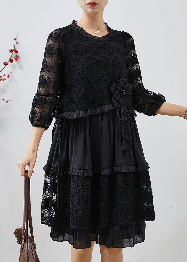 Unique Black Embroidered Floral Tulle Mid Dresses Summer