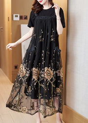 Unique Black Embroideried Patchwork Pockets Tulle Strap Dresses Summer