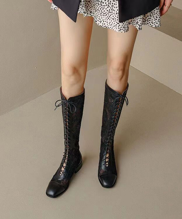 Unique Black Embroidery Floral Tulle Splicing Chunky Boots