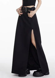 Unique Black Front Open High Waist Patchwork Spandex Maxi Skirts Summer