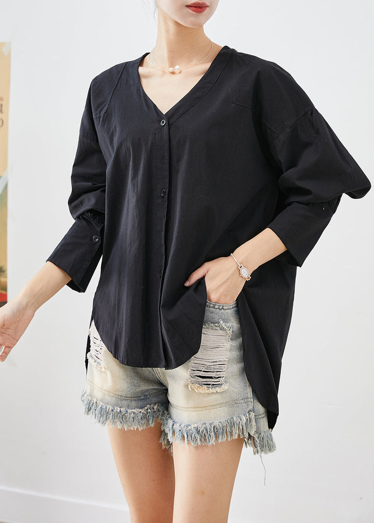 Unique Black Heart Neck Low High Design Cotton Shirt Top Fall