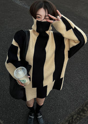 Unique Black High Neck Striped Cozy Knit Long Sweater Winter