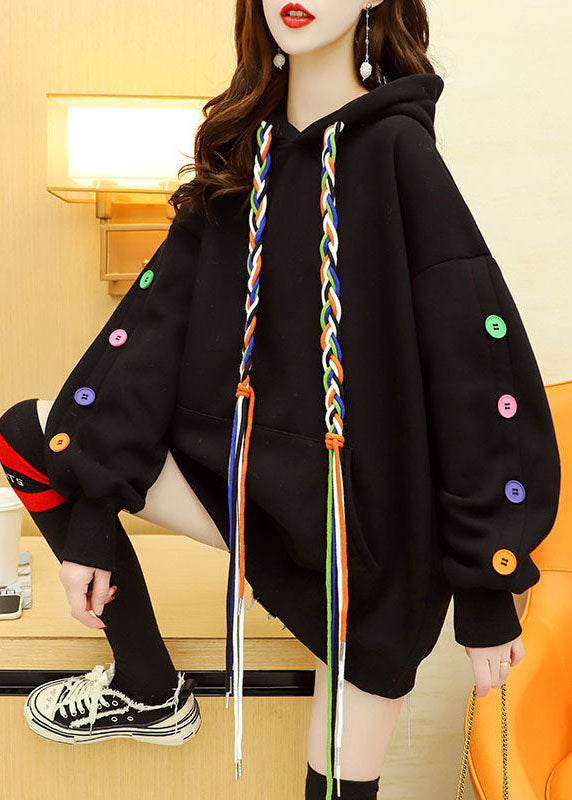 Unique Black Hooded Drawstring Woven Multi Button Warm Fleece Sweatshirts Top Winter