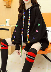 Unique Black Hooded Drawstring Woven Multi Button Warm Fleece Sweatshirts Top Winter