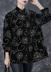 Unique Black Jacquard Chinese Button Silk Velour Coat Spring