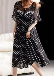 Unique Black Lace Up Print Lace Patchwork Chiffon Dress Summer