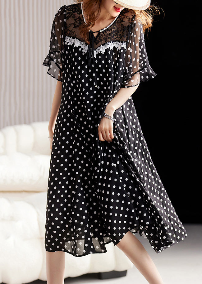 Unique Black Lace Up Print Lace Patchwork Chiffon Dress Summer