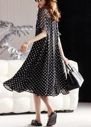 Unique Black Lace Up Print Lace Patchwork Chiffon Dress Summer