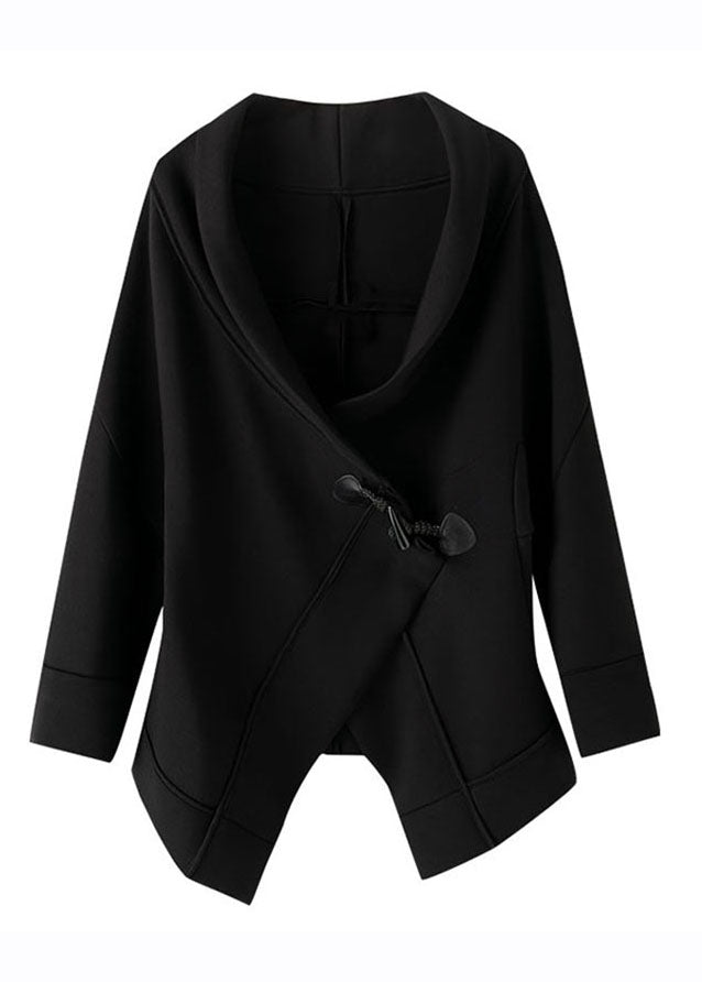 Unique Black Notched Asymmetrical Button Cotton Coats Long Sleeve