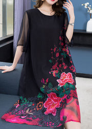 Unique Black O Neck Floral Print Patchwork Chiffon Dresses Summer