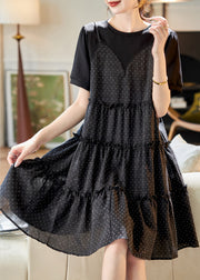 Unique Black O-Neck Patchwork Dot Print Fake Two Pieces Chiffon Mid Dresses Summer