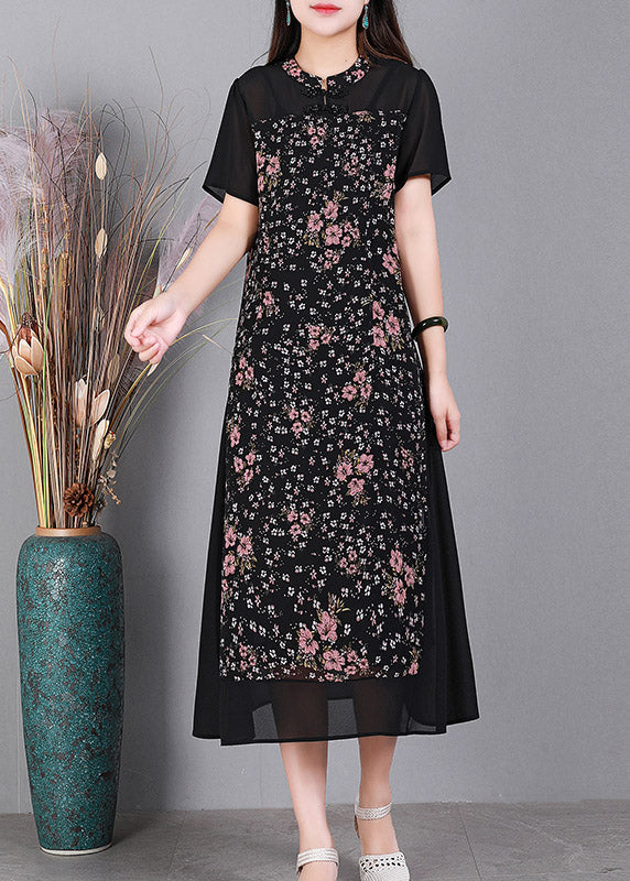 Unique Black O-Neck Print Button Tulle Long Dress Short Sleeve