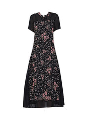 Unique Black O-Neck Print Button Tulle Long Dress Short Sleeve