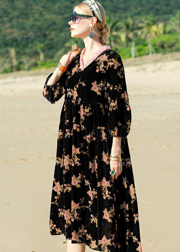 Unique Black O-Neck Print Patchwork Silk Velour Maxi Dress Long Sleeve