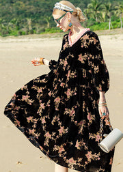 Unique Black O-Neck Print Patchwork Silk Velour Maxi Dress Long Sleeve