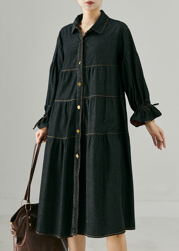 Unique Black Oversized Drawstring Denim Maxi Dresses Spring