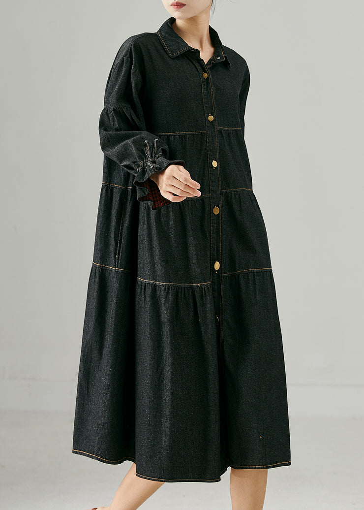 Unique Black Oversized Drawstring Denim Maxi Dresses Spring