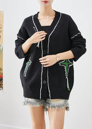 Unique Black Oversized Jacquard Knit Cardigan Fall