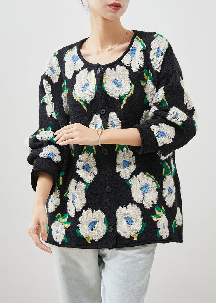 Unique Black Oversized Jacquard Knit Cardigan Winter