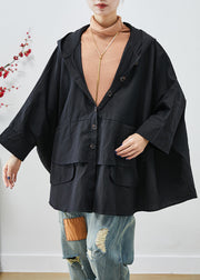 Unique Black Oversized Patchwork Cotton Jacket Batwing Sleeve