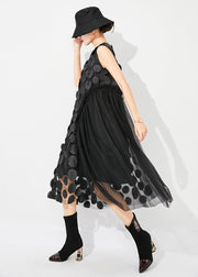 Unique Black Oversized Patchwork Tulle Holiday Dress Sleeveless