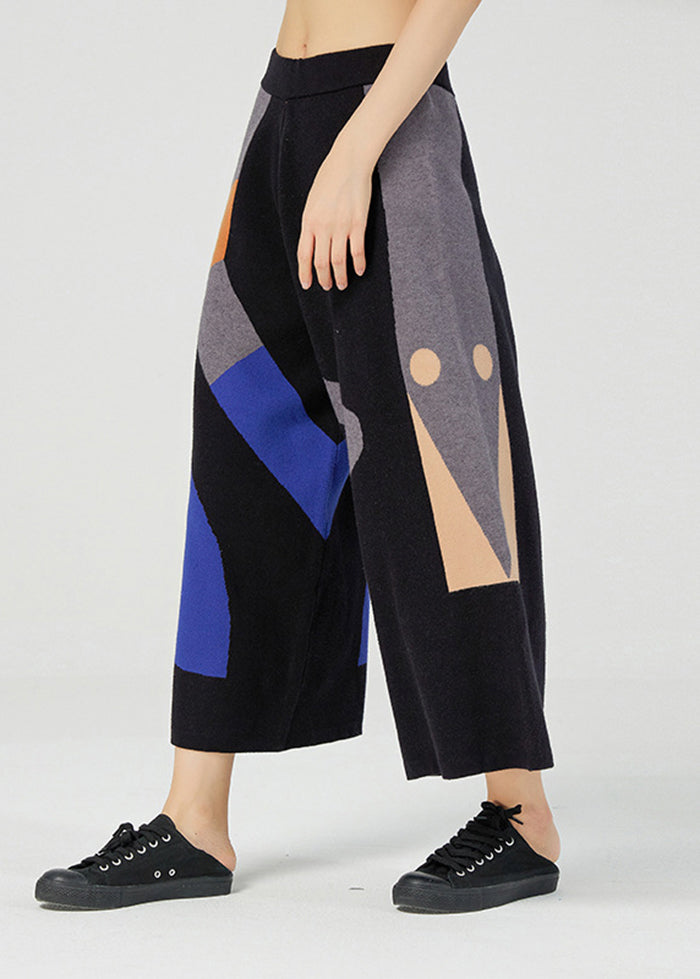 Unique Black Oversized Print Knit Wide Leg Pants Spring