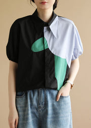 Unique Black Peter Pan Collar Asymmetrical Design Patchwork Cotton Shirt Puff Sleeve