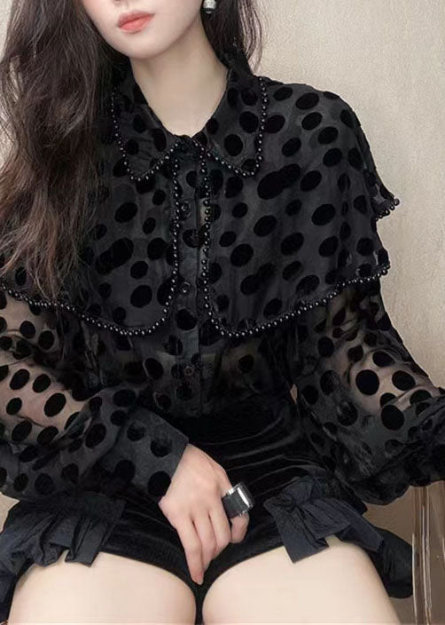 Unique Black Peter Pan Collar Nail Bead Patchwork Velour Blouses Spring