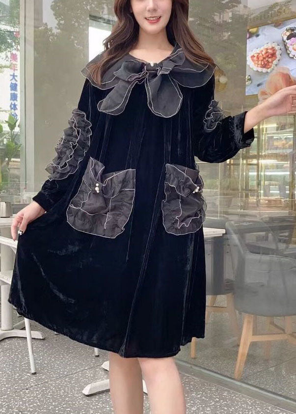 Unique Black Peter Pan Collar Organza Patchwork Silk Velour A Line Dresses Spring