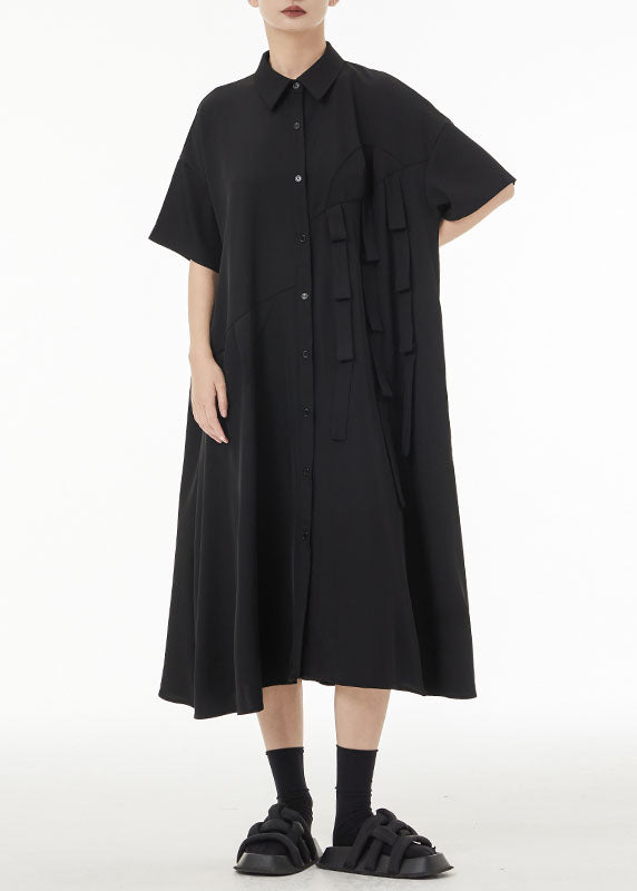 Unique Black Peter Pan Collar Patchwork Button Cotton Long Dress Summer