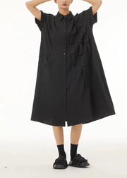 Unique Black Peter Pan Collar Patchwork Button Cotton Long Dress Summer