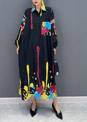 Unique Black Peter Pan Collar Print Maxi Shirts Dress Long Sleeve