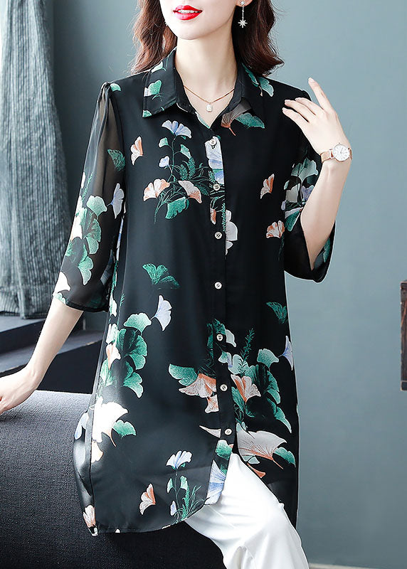 Unique Black Peter Pan Collar Print Patchwork Chiffon Shirts Bracelet Sleeve