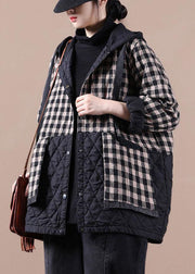 Unique Black Plaid Oversized Fine Parka Hoodies Outwear Winter Jacket