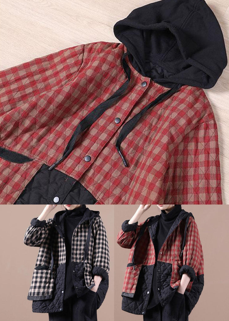 Unique Black Plaid Oversized Fine Parka Hoodies Outwear Winter Jacket