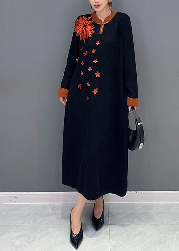 Unique Black Print Long Knit Sweater Dress Long Sleeve