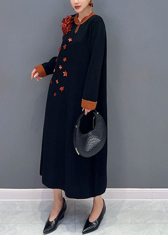 Unique Black Print Long Knit Sweater Dress Long Sleeve